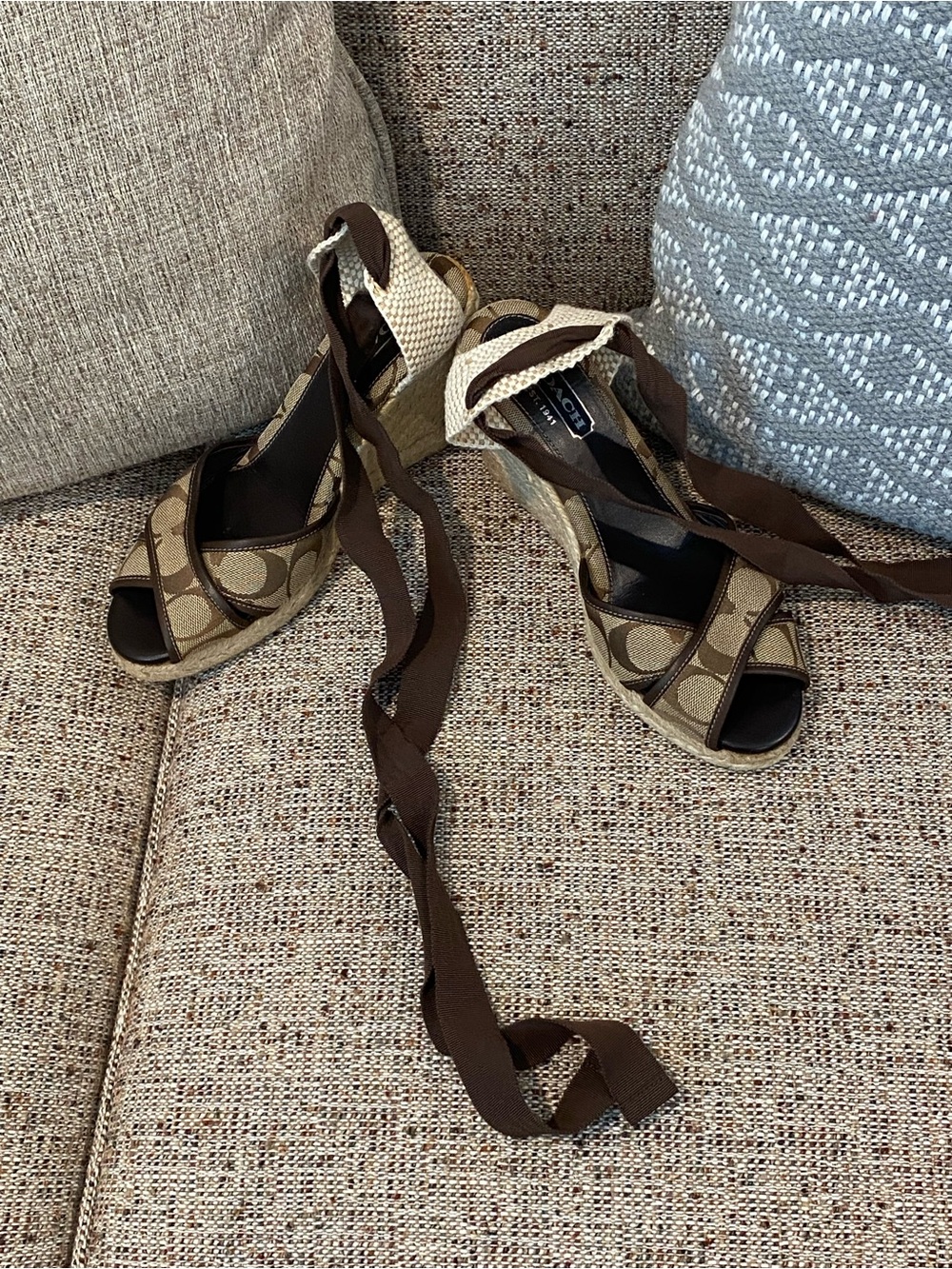 Coach Tan and Brown Signature Canvas Wedge Sandals with Ankle Wrap